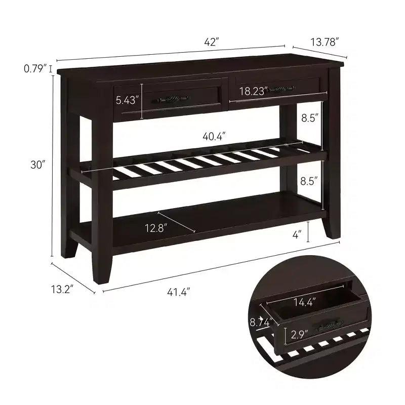 42" Console Table with Two Open Shelves, Pine Solid Wood Frame and Legs