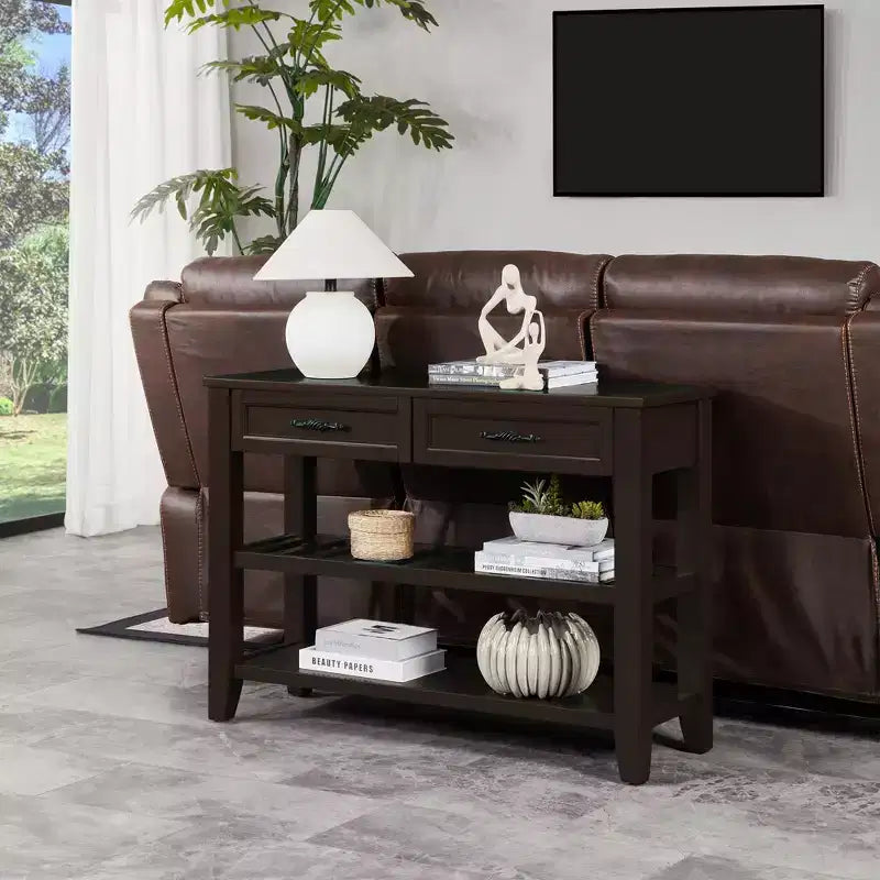 42" Console Table with Two Open Shelves, Pine Solid Wood Frame and Legs