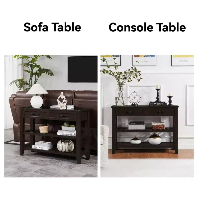 42" Console Table with Two Open Shelves, Pine Solid Wood Frame and Legs