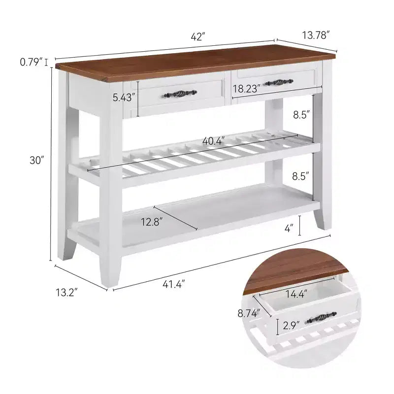 42" Console Table with Two Open Shelves, Pine Solid Wood Frame and Legs