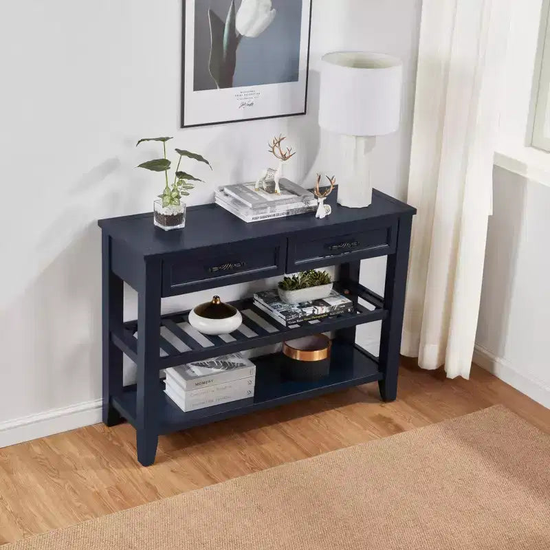 42" Console Table with Two Open Shelves, Pine Solid Wood Frame and Legs