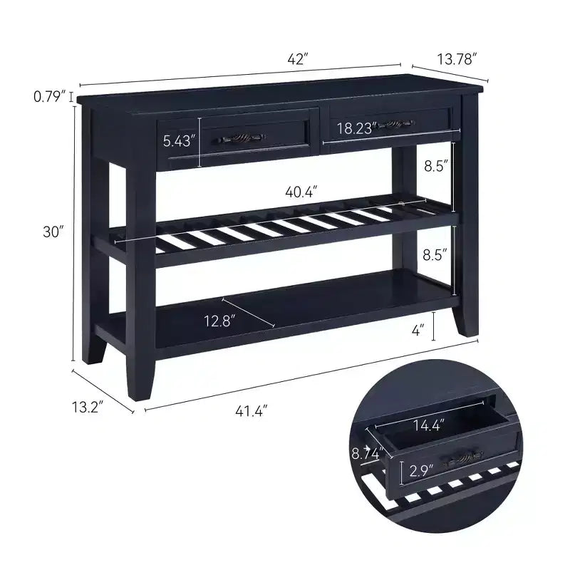 42" Console Table with Two Open Shelves, Pine Solid Wood Frame and Legs