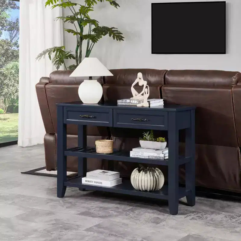 42" Console Table with Two Open Shelves, Pine Solid Wood Frame and Legs