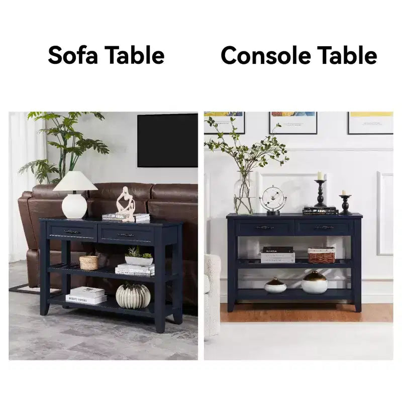 42" Console Table with Two Open Shelves, Pine Solid Wood Frame and Legs