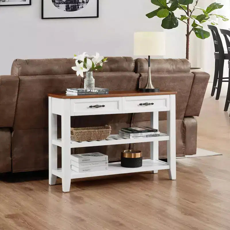 42" Console Table with Two Open Shelves, Pine Solid Wood Frame and Legs