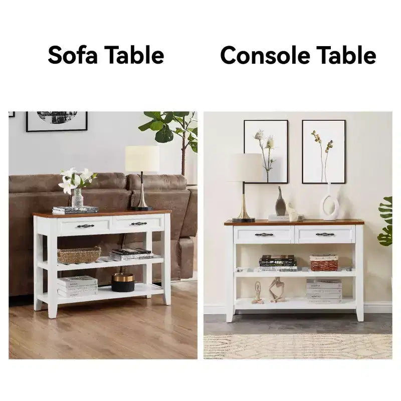 42" Console Table with Two Open Shelves, Pine Solid Wood Frame and Legs