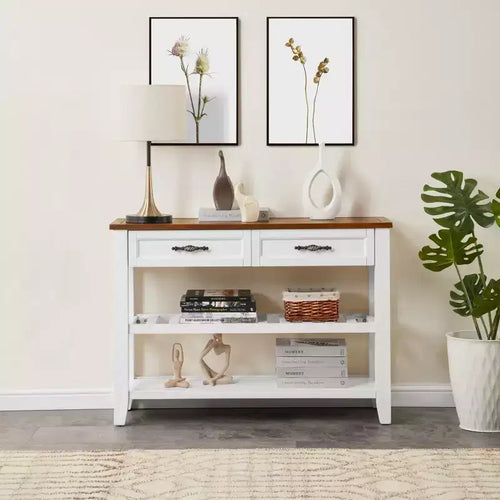 42Console Table with Two Open Shelves, Pine Solid Wood Frame and Legs for Living Room