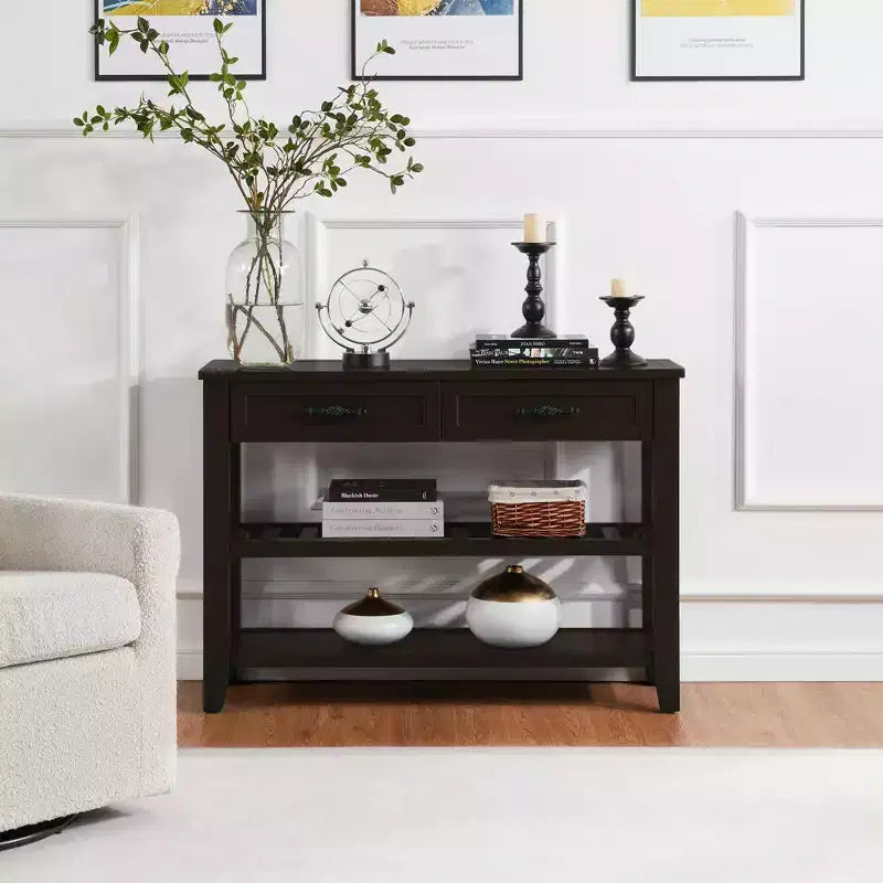 42" Console Table with Two Open Shelves, Pine Solid Wood Frame and Legs
