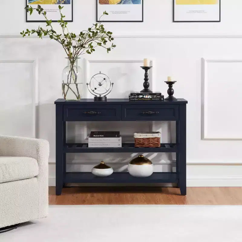 42" Console Table with Two Open Shelves, Pine Solid Wood Frame and Legs