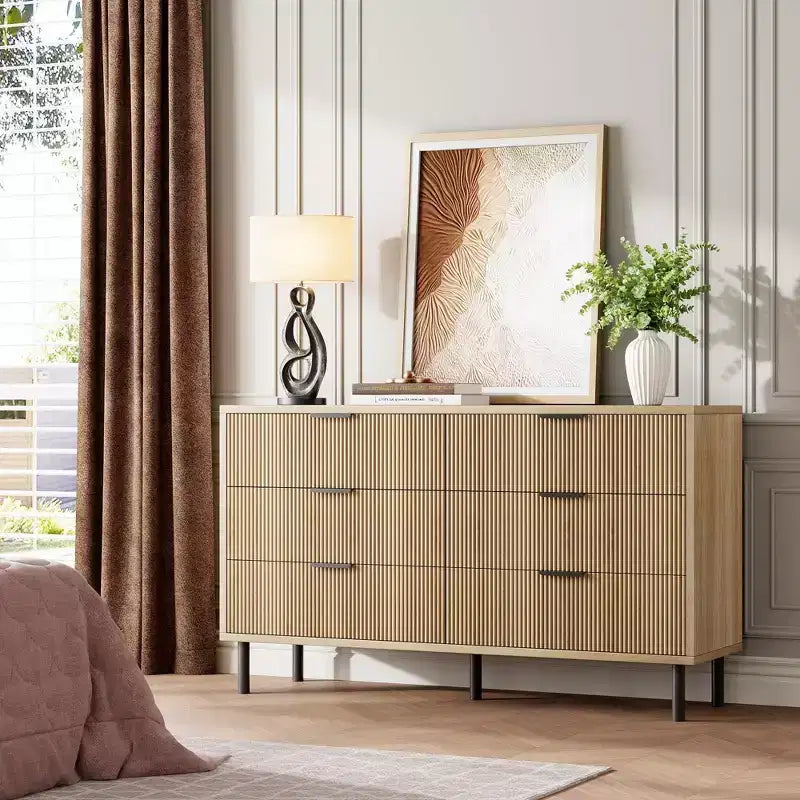 54.7 Modern Fluted 6 Drawer Dresser with Metal Legs, Handles and Anti-Tipping Design for Bedroom Living Room Hallway, Chest of Drawers