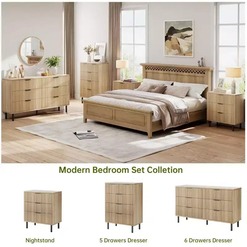 54.7 Modern Fluted 6 Drawer Dresser with Metal Legs, Handles and Anti-Tipping Design for Bedroom Living Room Hallway, Chest of Drawers