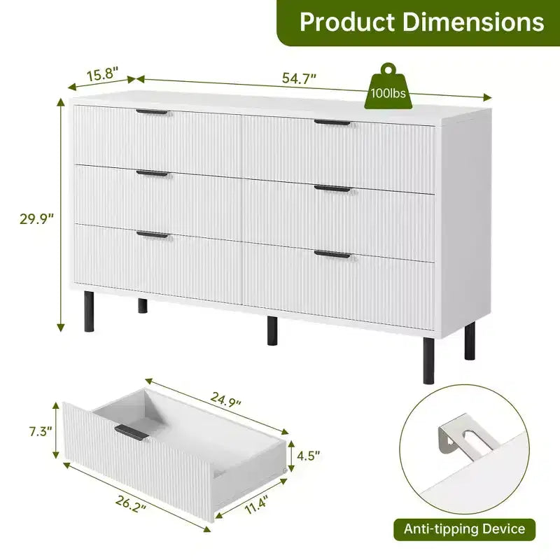 54.7 Modern Fluted 6 Drawer Dresser with Metal Legs, Handles and Anti-Tipping Design for Bedroom Living Room Hallway, Chest of Drawers