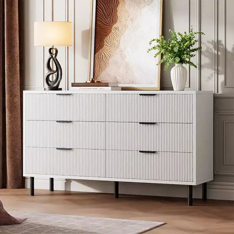 54.7 Modern Fluted 6 Drawer Dresser with Metal Legs, Handles and Anti-Tipping Design for Bedroom Living Room Hallway, Chest of Drawers