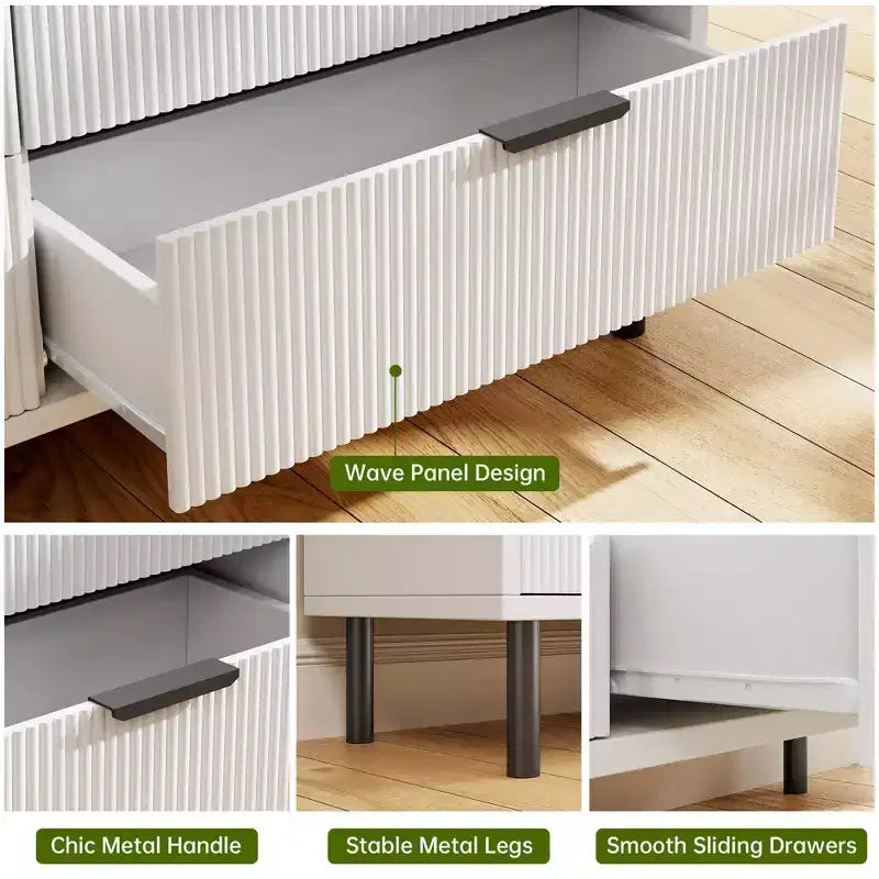 54.7 Modern Fluted 6 Drawer Dresser with Metal Legs, Handles and Anti-Tipping Design for Bedroom Living Room Hallway, Chest of Drawers