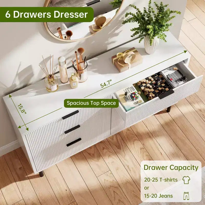 54.7 Modern Fluted 6 Drawer Dresser with Metal Legs, Handles and Anti-Tipping Design for Bedroom Living Room Hallway, Chest of Drawers