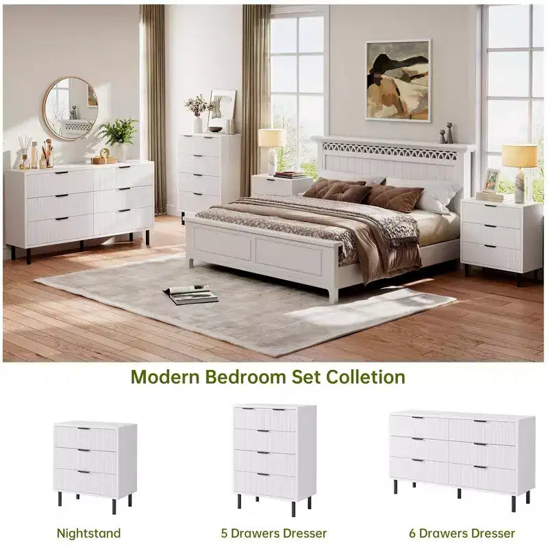 54.7 Modern Fluted 6 Drawer Dresser with Metal Legs, Handles and Anti-Tipping Design for Bedroom Living Room Hallway, Chest of Drawers