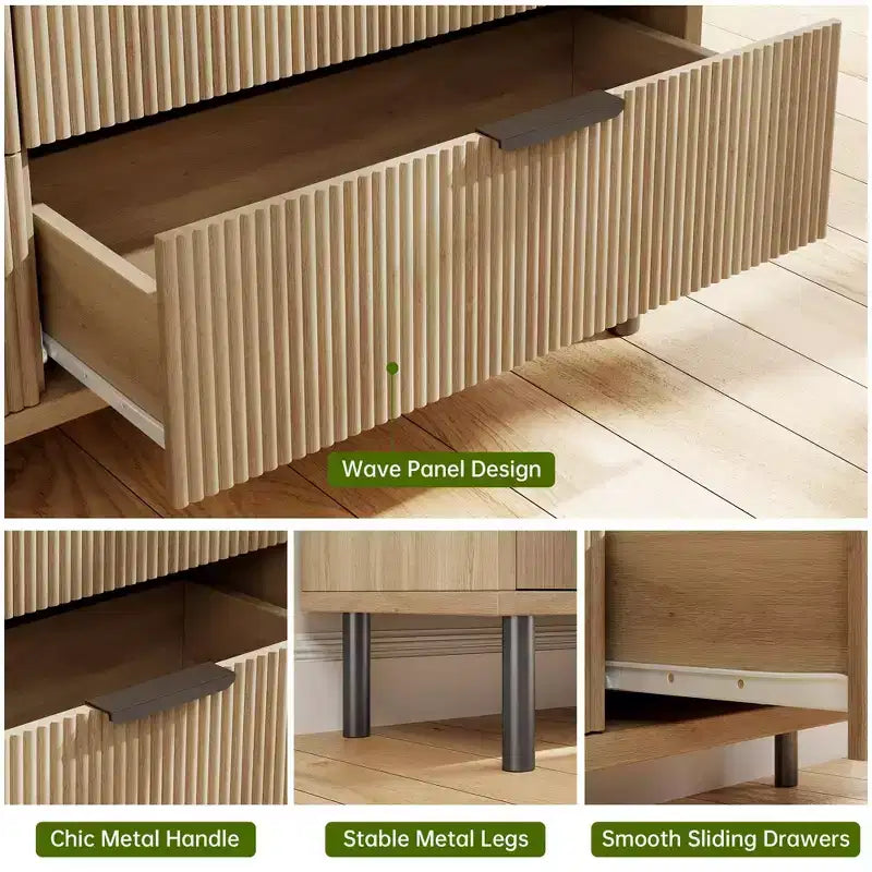 54.7 Modern Fluted 6 Drawer Dresser with Metal Legs, Handles and Anti-Tipping Design for Bedroom Living Room Hallway, Chest of Drawers