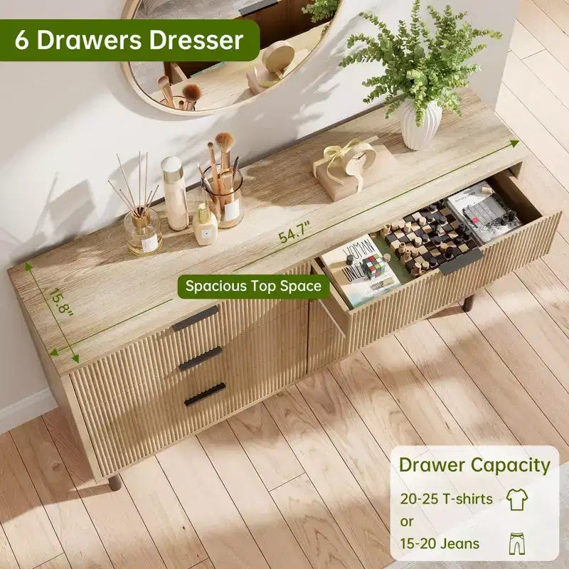 54.7 Modern Fluted 6 Drawer Dresser with Metal Legs, Handles and Anti-Tipping Design for Bedroom Living Room Hallway, Chest of Drawers