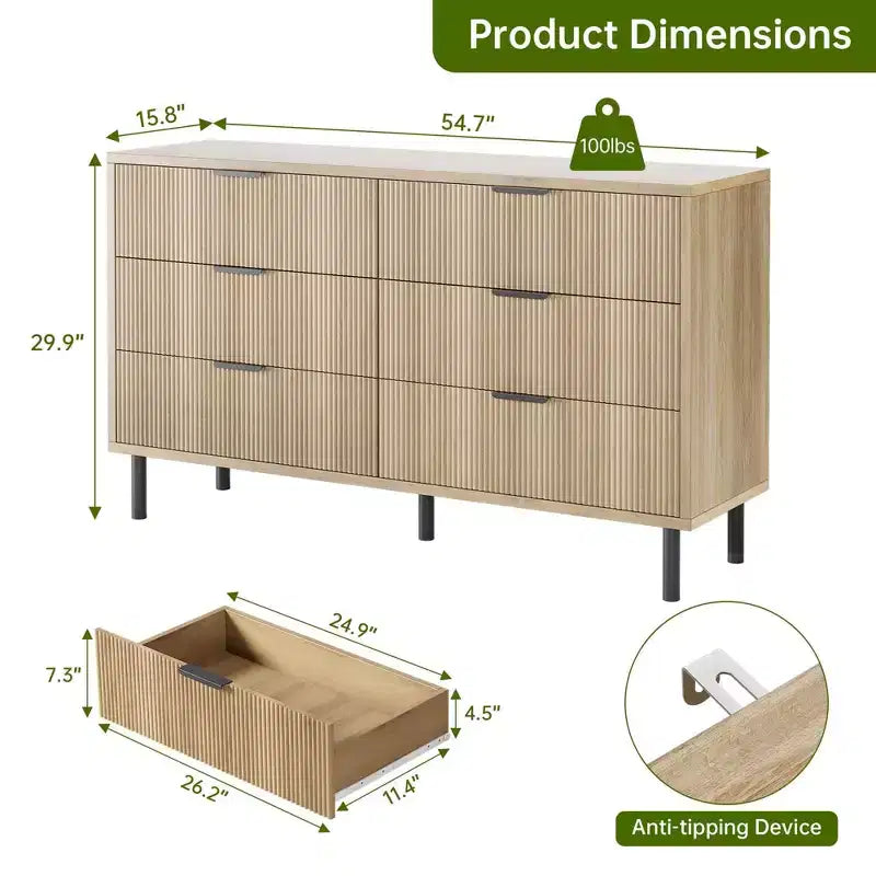 54.7 Modern Fluted 6 Drawer Dresser with Metal Legs, Handles and Anti-Tipping Design for Bedroom Living Room Hallway, Chest of Drawers