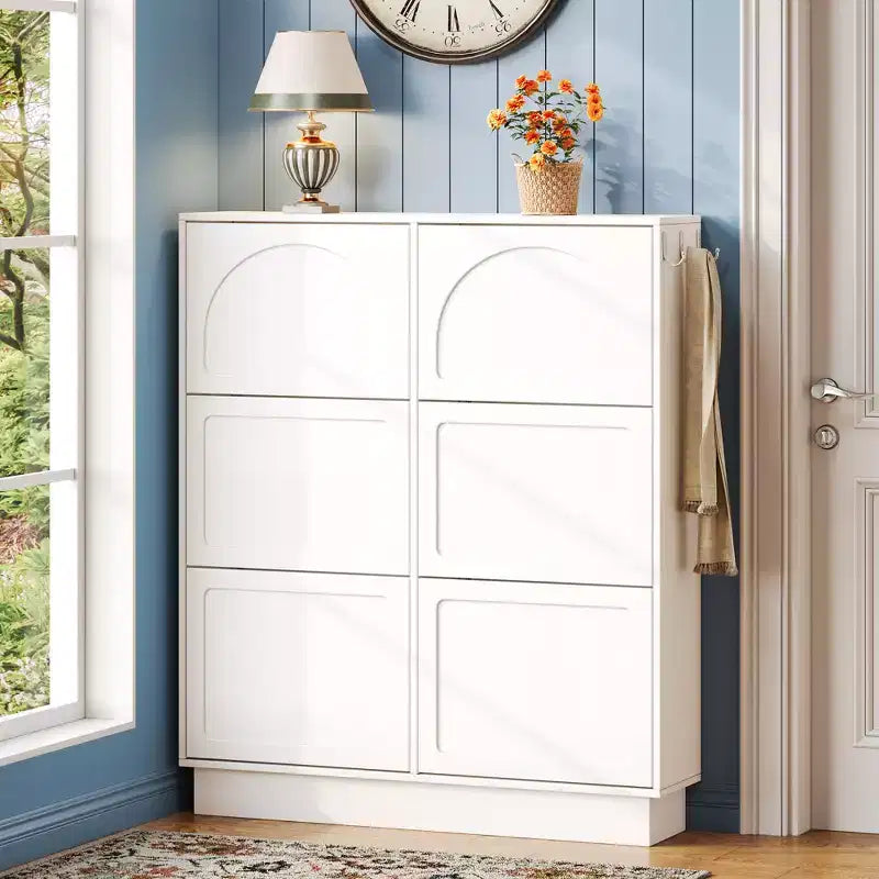 Freestanding Narrow Tipping Bucket Shoe Cabinet with 6 Flip Drawers, Cream Style Entryway Organizer with 3 Silver Hooks