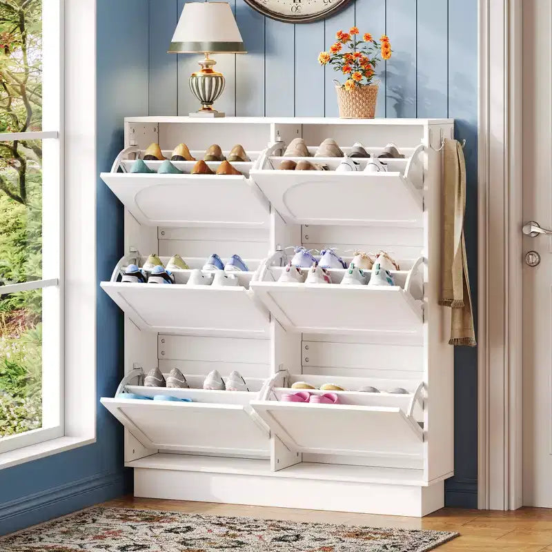 Freestanding Narrow Tipping Bucket Shoe Cabinet with 6 Flip Drawers, Cream Style Entryway Organizer with 3 Silver Hooks