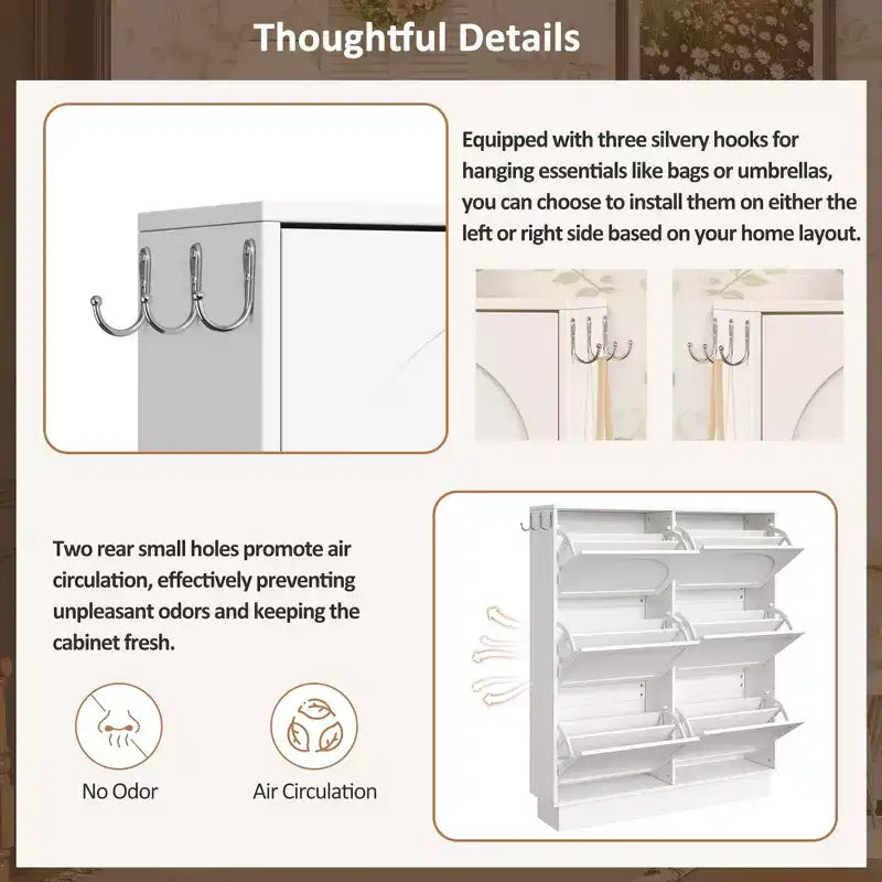 Freestanding Narrow Tipping Bucket Shoe Cabinet with 6 Flip Drawers, Cream Style Entryway Organizer with 3 Silver Hooks