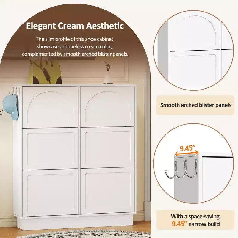 Freestanding Narrow Tipping Bucket Shoe Cabinet with 6 Flip Drawers, Cream Style Entryway Organizer with 3 Silver Hooks