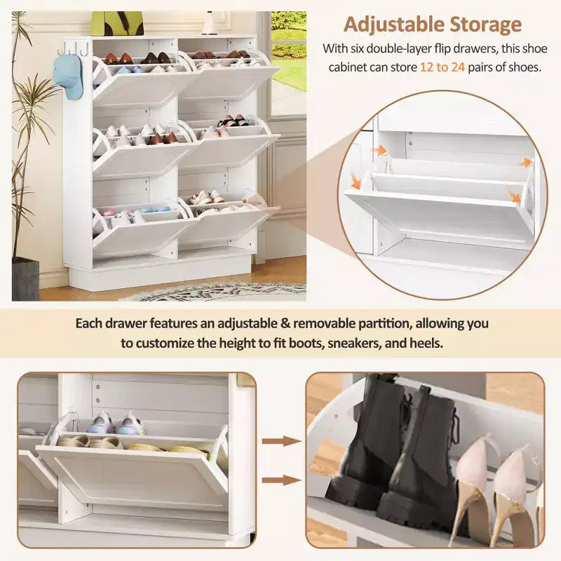 Freestanding Narrow Tipping Bucket Shoe Cabinet with 6 Flip Drawers, Cream Style Entryway Organizer with 3 Silver Hooks