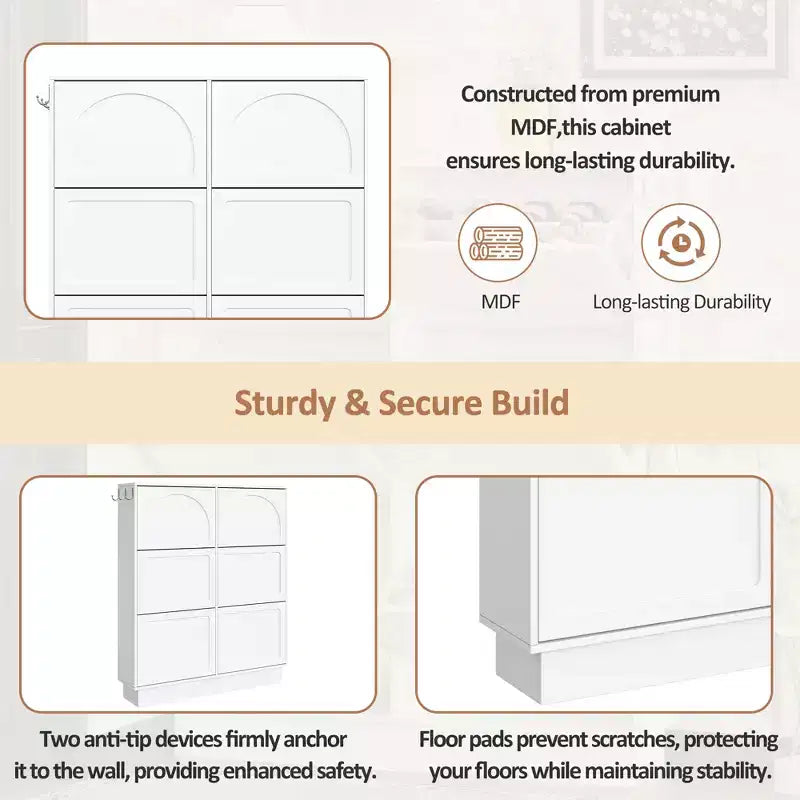 Freestanding Narrow Tipping Bucket Shoe Cabinet with 6 Flip Drawers, Cream Style Entryway Organizer with 3 Silver Hooks