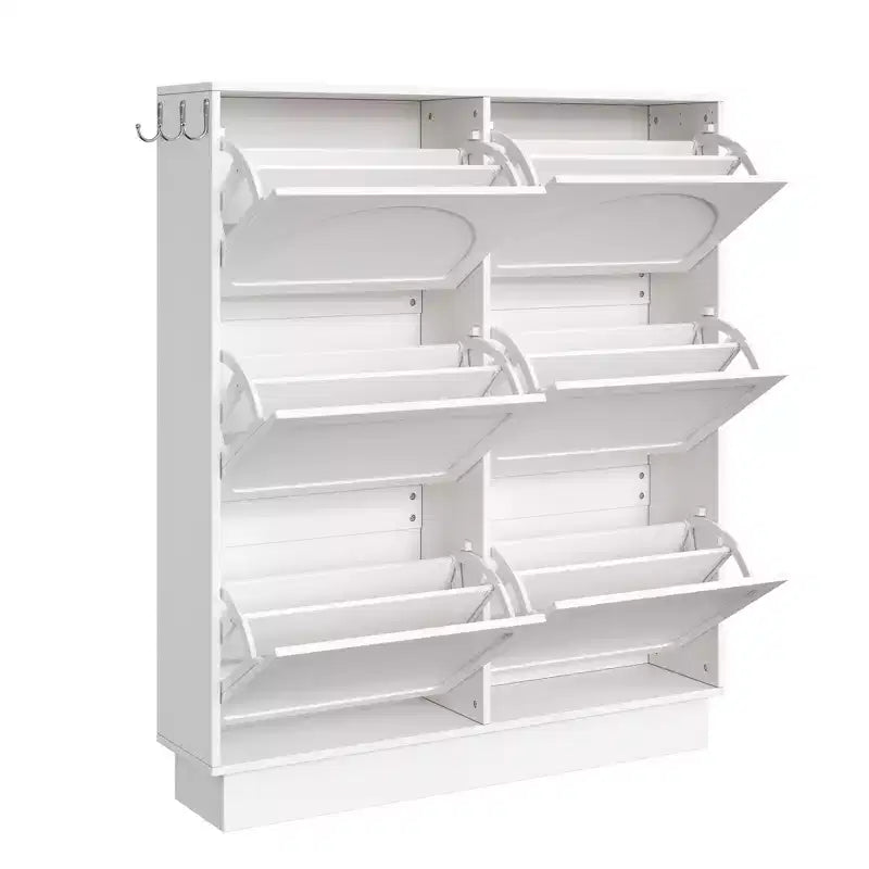 Freestanding Narrow Tipping Bucket Shoe Cabinet with 6 Flip Drawers, Cream Style Entryway Organizer with 3 Silver Hooks