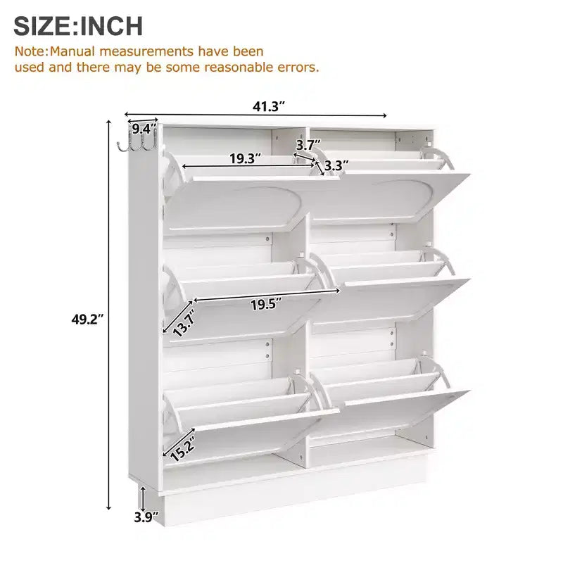 Freestanding Narrow Tipping Bucket Shoe Cabinet with 6 Flip Drawers, Cream Style Entryway Organizer with 3 Silver Hooks