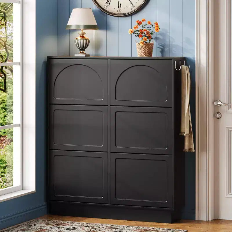 Freestanding Narrow Tipping Bucket Shoe Cabinet with 6 Flip Drawers, Cream Style Entryway Organizer with 3 Silver Hooks