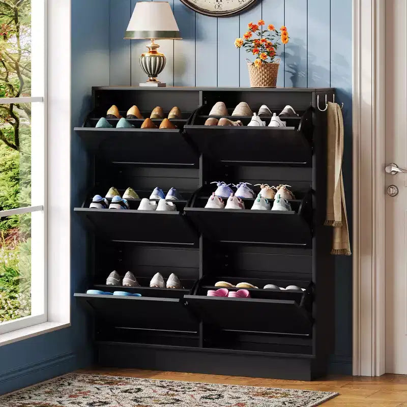 Freestanding Narrow Tipping Bucket Shoe Cabinet with 6 Flip Drawers, Cream Style Entryway Organizer with 3 Silver Hooks