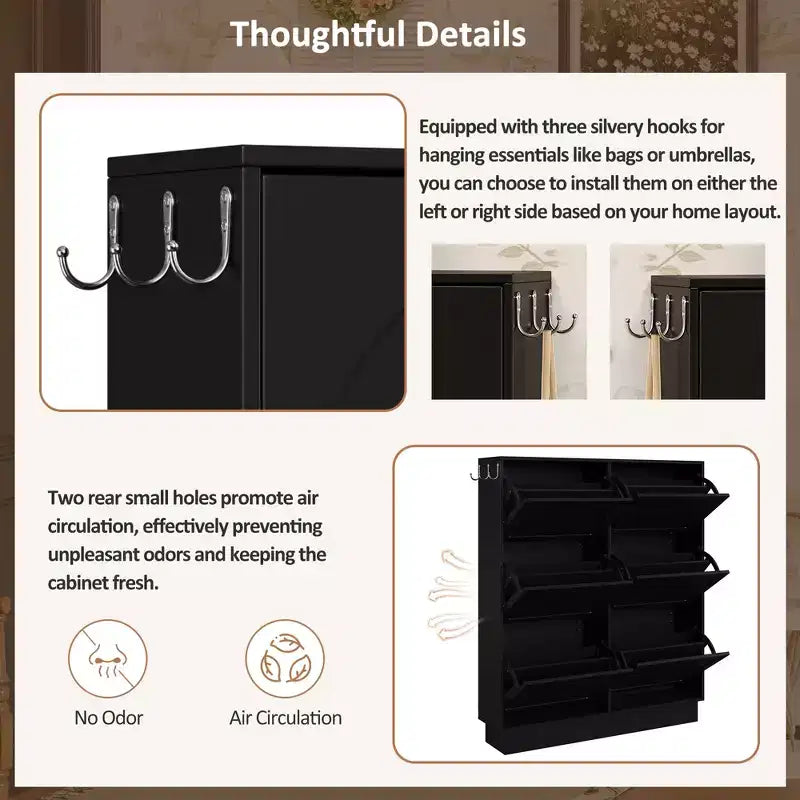Freestanding Narrow Tipping Bucket Shoe Cabinet with 6 Flip Drawers, Cream Style Entryway Organizer with 3 Silver Hooks