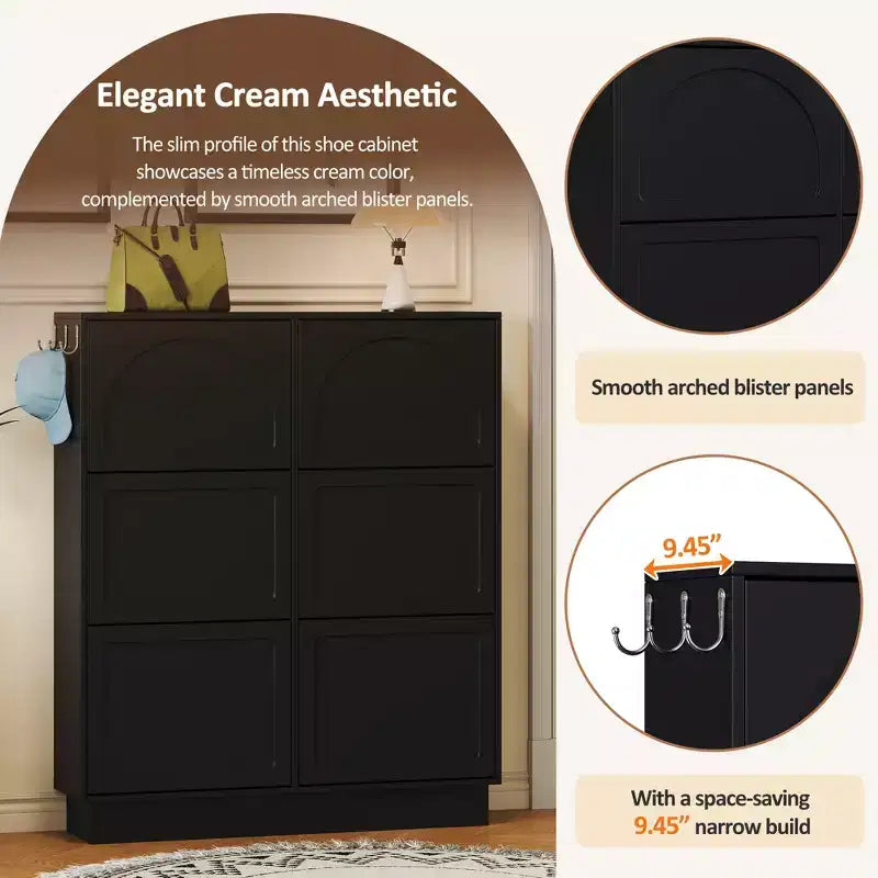 Freestanding Narrow Tipping Bucket Shoe Cabinet with 6 Flip Drawers, Cream Style Entryway Organizer with 3 Silver Hooks