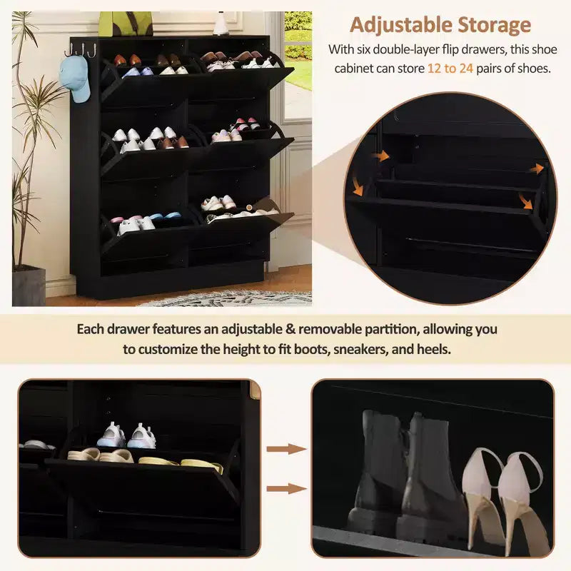 Freestanding Narrow Tipping Bucket Shoe Cabinet with 6 Flip Drawers, Cream Style Entryway Organizer with 3 Silver Hooks