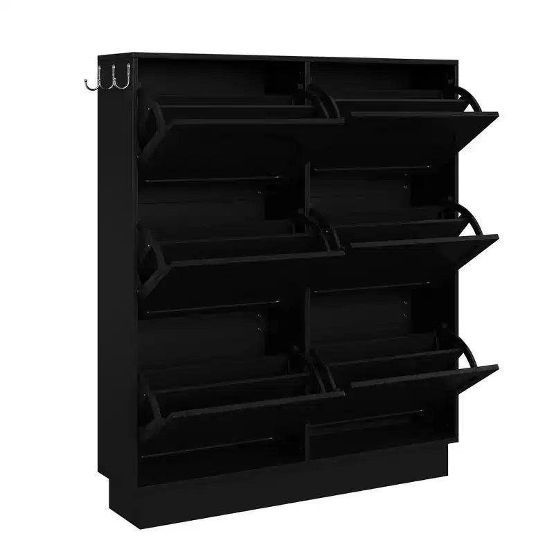 Freestanding Narrow Tipping Bucket Shoe Cabinet with 6 Flip Drawers, Cream Style Entryway Organizer with 3 Silver Hooks