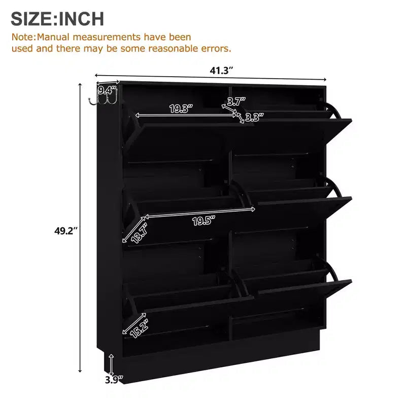 Freestanding Narrow Tipping Bucket Shoe Cabinet with 6 Flip Drawers, Cream Style Entryway Organizer with 3 Silver Hooks