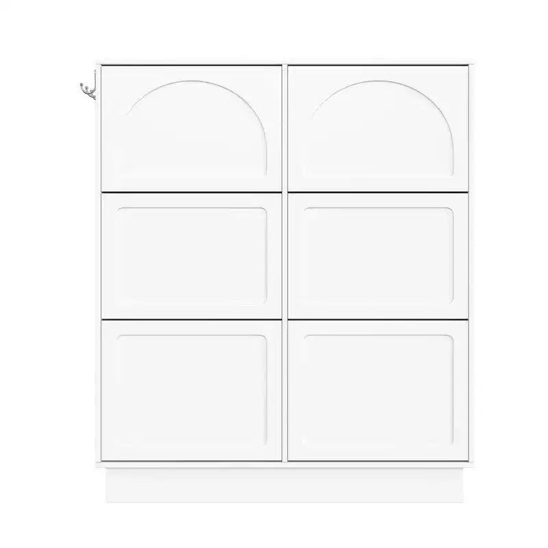 Freestanding Narrow Tipping Bucket Shoe Cabinet with 6 Flip Drawers, Cream Style Entryway Organizer with 3 Silver Hooks