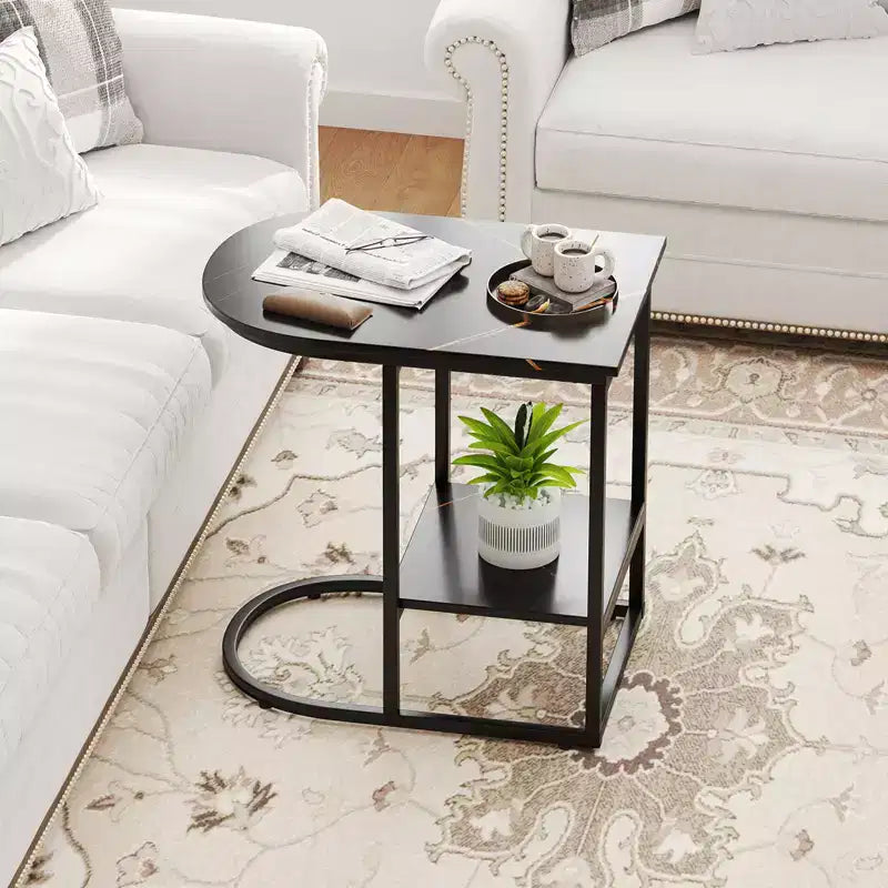 C-Shaped End Table Modern Sofa Side Table with Faux Marble Tabletop & Storage Shelf Black