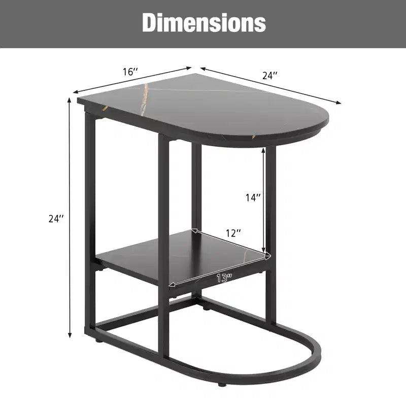 C-Shaped End Table Modern Sofa Side Table with Faux Marble Tabletop & Storage Shelf Black
