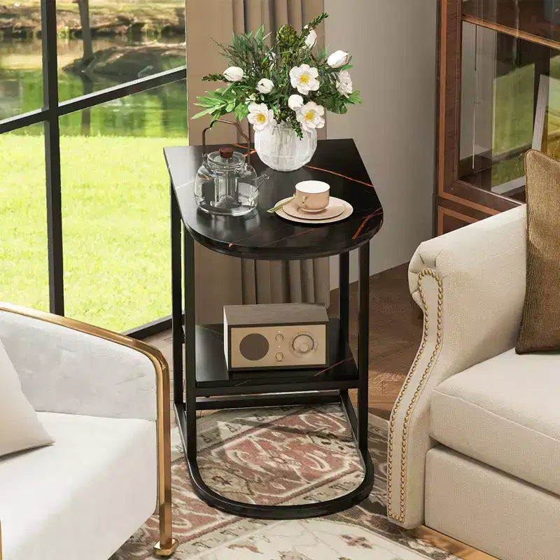 C-Shaped End Table Modern Sofa Side Table with Faux Marble Tabletop & Storage Shelf Black