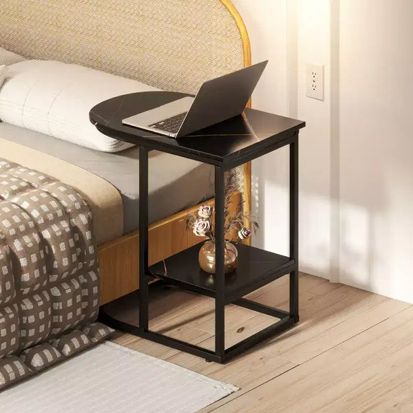Table d'appoint en C pour canapé moderne avec plateau en faux marbre et étagère de rangement noire