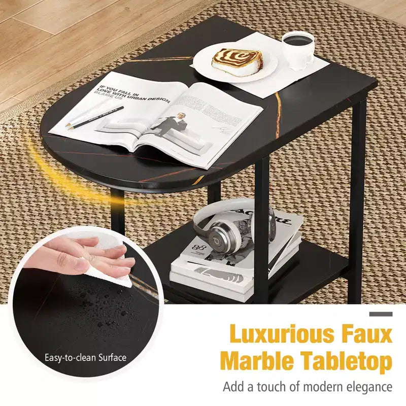 C-Shaped End Table Modern Sofa Side Table with Faux Marble Tabletop & Storage Shelf Black