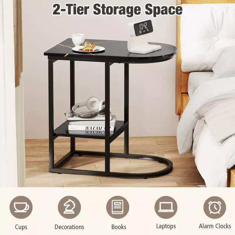 C-Shaped End Table Modern Sofa Side Table with Faux Marble Tabletop & Storage Shelf Black