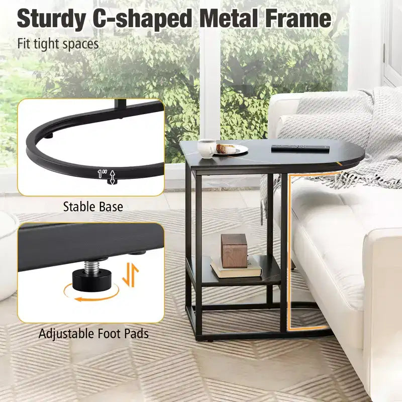 C-Shaped End Table Modern Sofa Side Table with Faux Marble Tabletop & Storage Shelf Black
