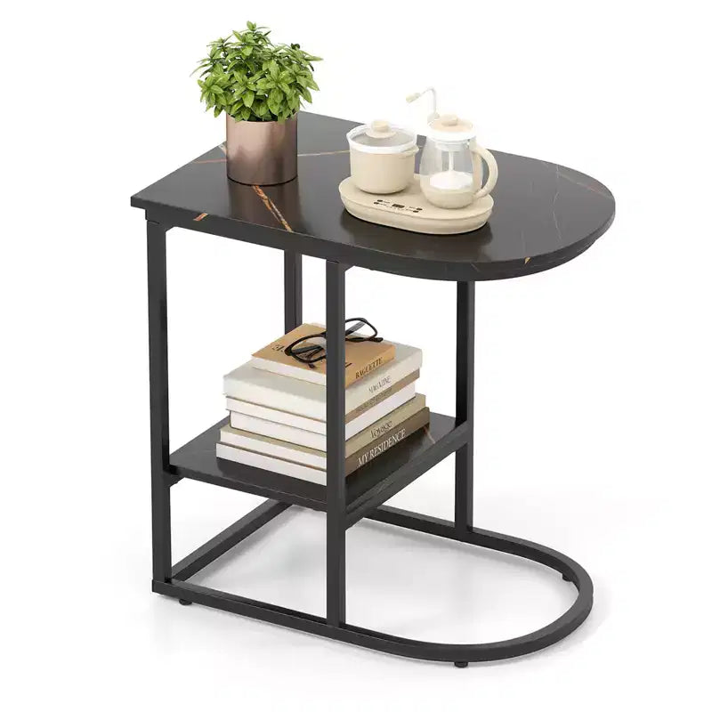 C-Shaped End Table Modern Sofa Side Table with Faux Marble Tabletop & Storage Shelf Black
