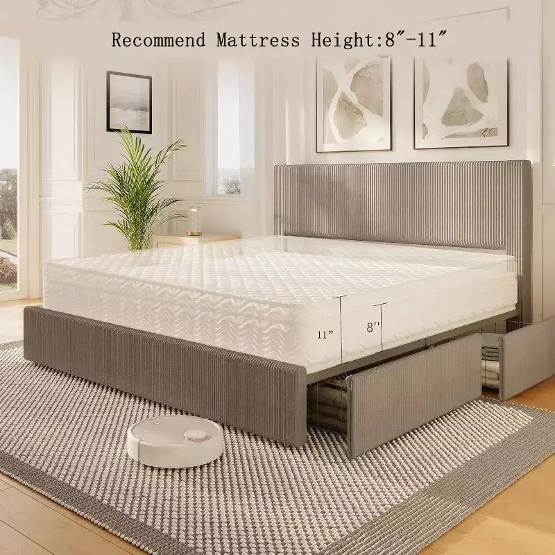 Platform Bed Frame with Corduroy Channel-Tufted Headboard & 4 Storage Drawers