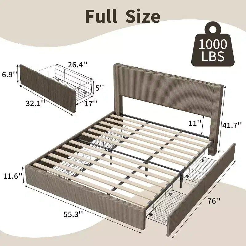 Platform Bed Frame with Corduroy Channel-Tufted Headboard & 4 Storage Drawers