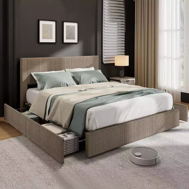 Platform Bed Frame with Corduroy Channel-Tufted Headboard & 4 Storage Drawers